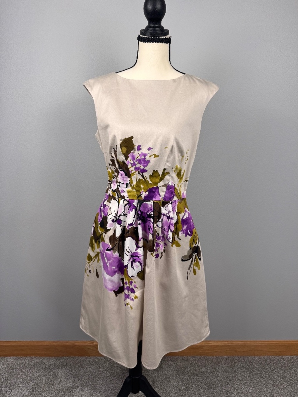 Nine West Beige, Purple and White Floral Sleeveless Fit & Flare Dress, Size 8